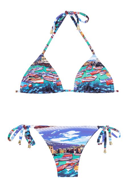 Bikini Brésilien Bleu Imprimé Triangle Coulissant Mini Barca