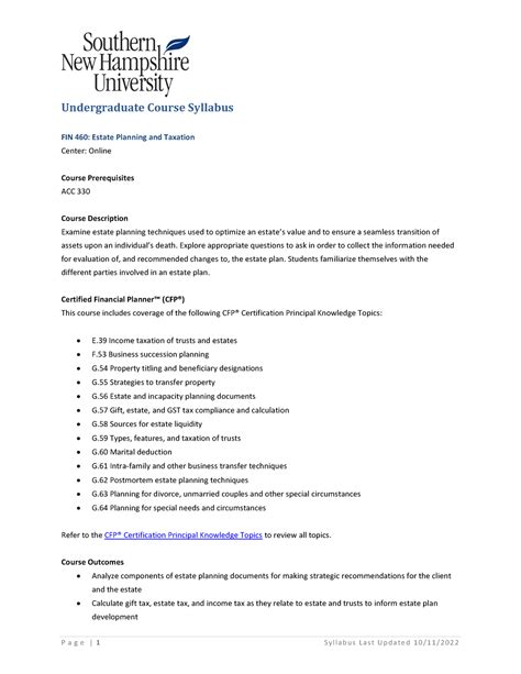 FIN 460 Syllabus - a guide for the course and what will be expected of