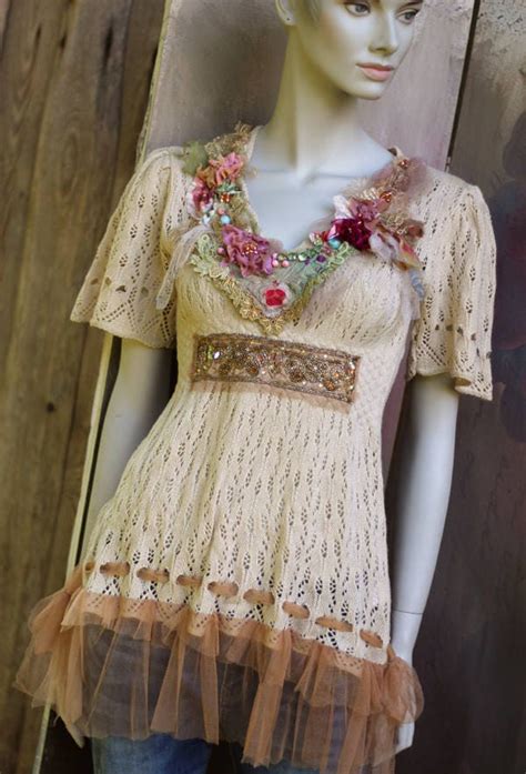 Cream Tunic With Florals Tattered Laces Shabby Chic Whimsy Etsy