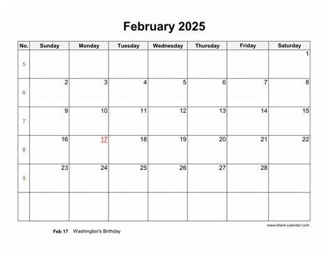 Download February 2025 Blank Calendar Horizontal