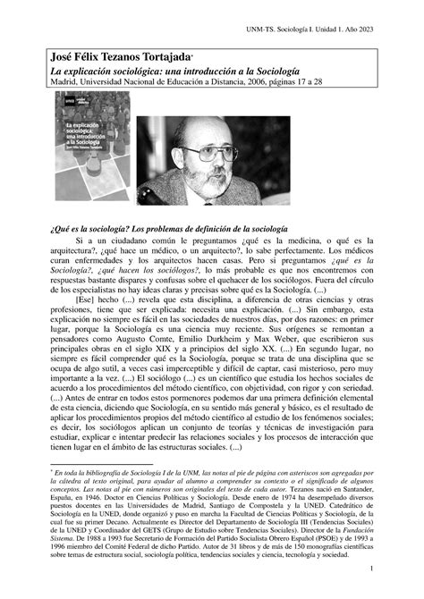 Sociologia Unidad I Jos F Lix Tezanos Tortajada La Explicaci N