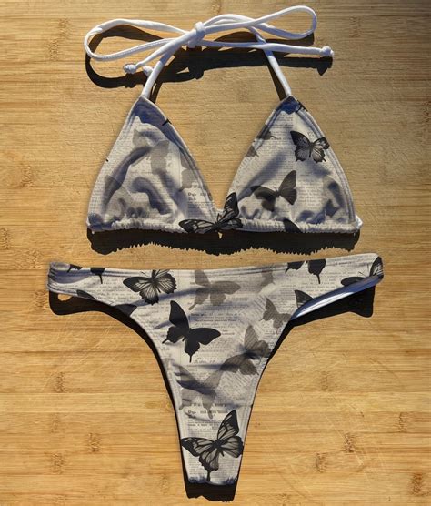 Swimwear Bikini 2 Piece Set Butterfly Times Thong Cheeky Or Full Coverage Triangle String Tie