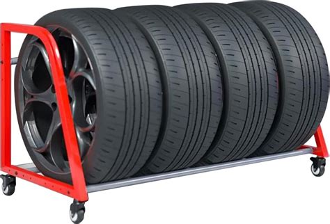 Tire Rack Rolling 4 Wheels Storage Display Red Tyre Stand