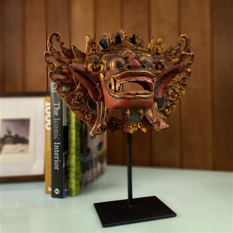 jual patung kayu ukir bali kepala barong antik dekorasi pajangan rumah
