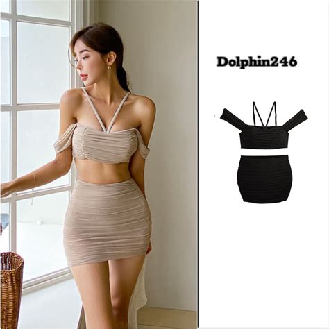 Bikini mảnh đồ bơi đi biển trễ vai cổ yếm sexy quần cạp cao dạng váy