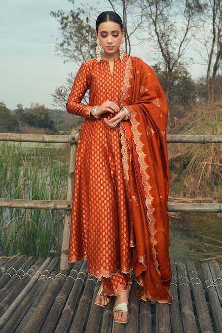 Buy Orange Vegan Silk Woven Floral Notched The Elaya Anarkali Set For