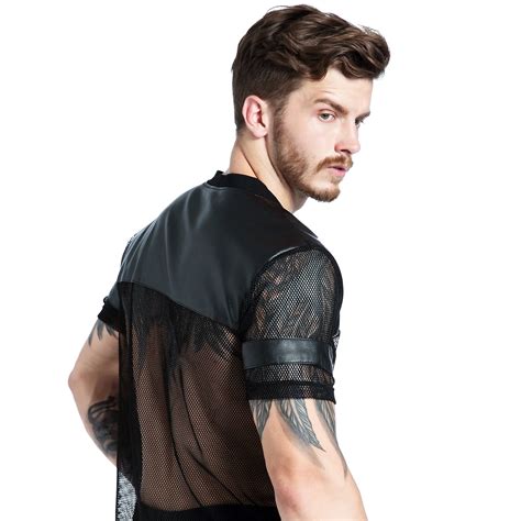 Gay Clubwear Clever Menmode Mesh Faux Leather Short Sleeve Top