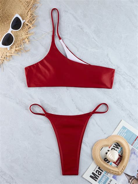 Sexy Micro Bikini Woman Swimsuit Red One Shoulder Swimwear Women Thong Bikinis Set Female