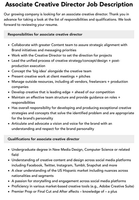 Associate Creative Director Job Description Velvet Jobs