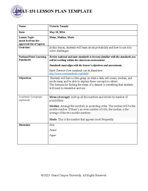 Lesson Plan2 Final Good Luck MAT 151 LESSON PLAN TEMPLATE Name