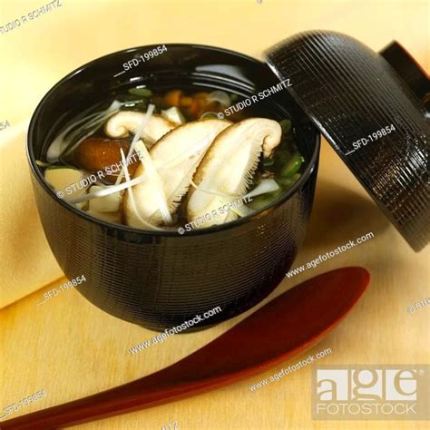 Miso soup with wakame seaweed and silken tofu Japan, Stock Photo