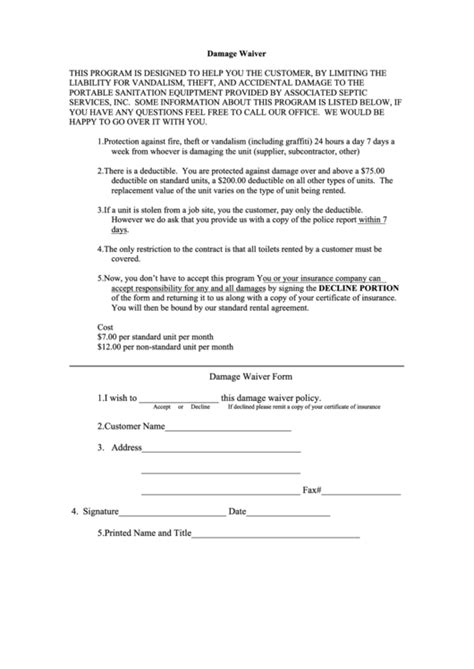 Damage Waiver Form Printable Pdf Download