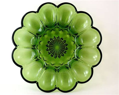 Vintage Green Glass Deviled Egg Server Or Oyster Plate Anchor Etsy Vintage Green Glass