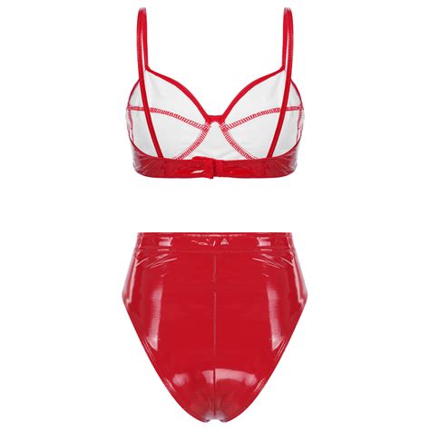 Womens Wet Look PVC Leather Lingerie Set Bra Top With High Waist Briefs Clubwear EBay