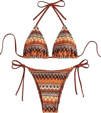 Amazon Shenhe Women S Piece Triangle Tie Side Beach Bikini Sets Geo Print Halter Swimsuit