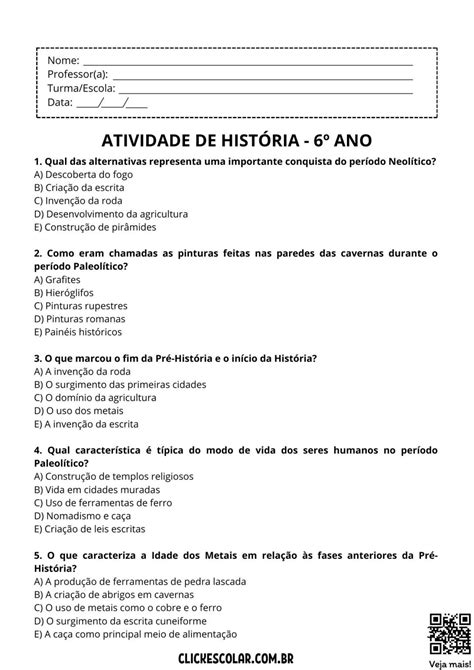 Atividade De Historia 6 Ano Pre Historia