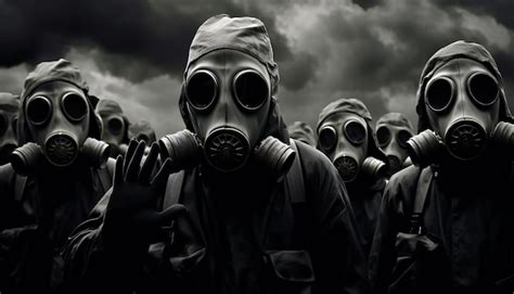 Premium Ai Image A Group Of Soldiers In Gas Masks Against Stormy Sky