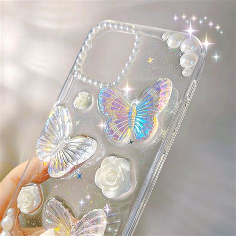 Funda de teléfono transparente con purpurina y mariposa para iphone 14