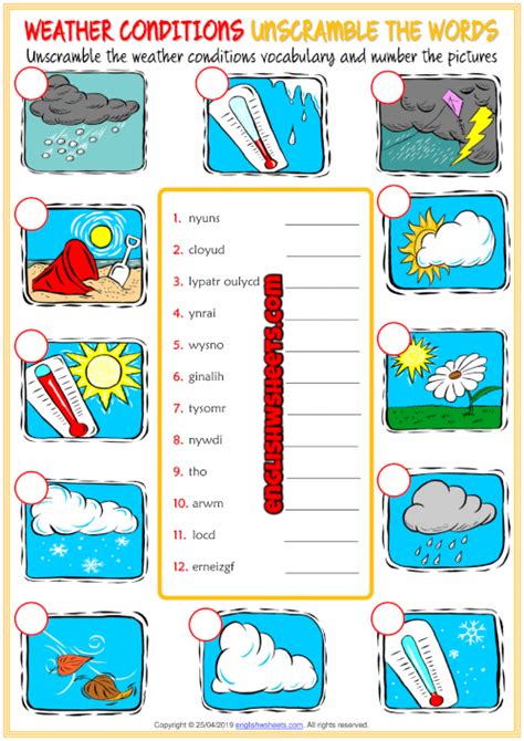 Weather Conditions Esl Unscramble The Words Worksheet