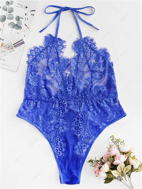 Off Halter Lace Eyelash Backless Lingerie Teddy In Tron Blue