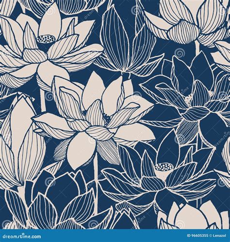 Seamless Vector Floral Lotus Hand Drawn Pattern Stock Vector Illustration Of Design Template