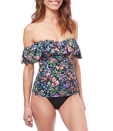 Profile By Gottex Flora Print Ruffle Off The Shoulder Tankini Swim Top