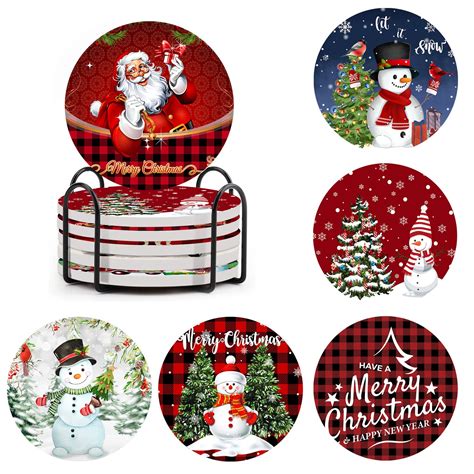 Christmas Ceramics Coasters Set Of 6 With Holder Christmas Coasters