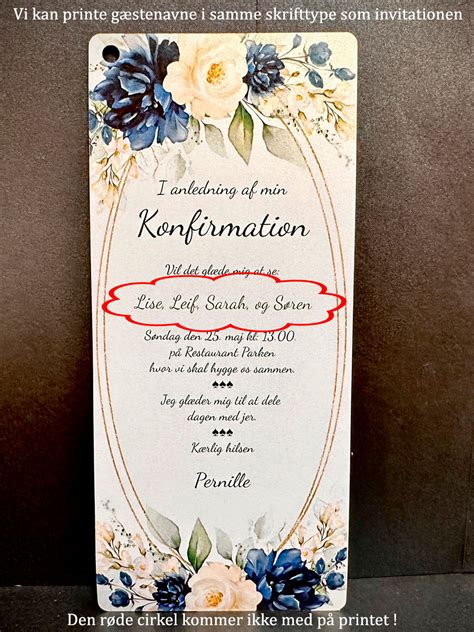 Invitation Til Konfirmation Slim Size Bl Floral Udgave Pige