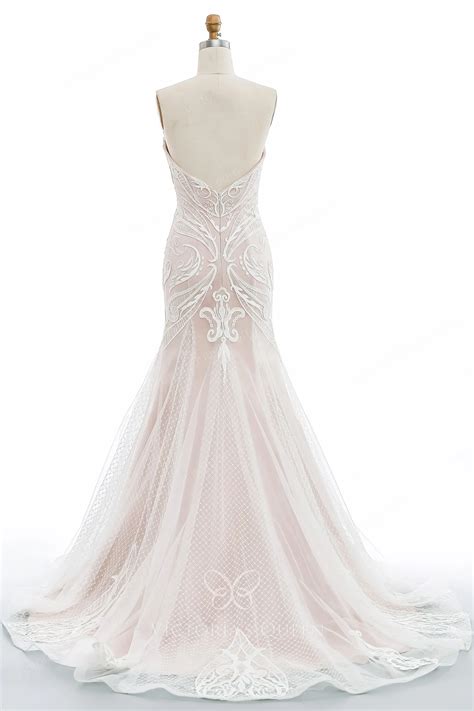 Amazing Nude Pink Geometric Lace Mermaid Winter Wedding Gown Vq