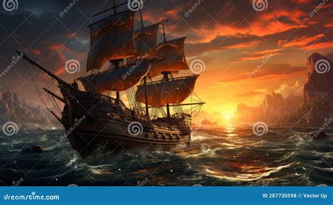 Pirates Ship In Open Sea Generative Ai Stock Photo Image Of Dark