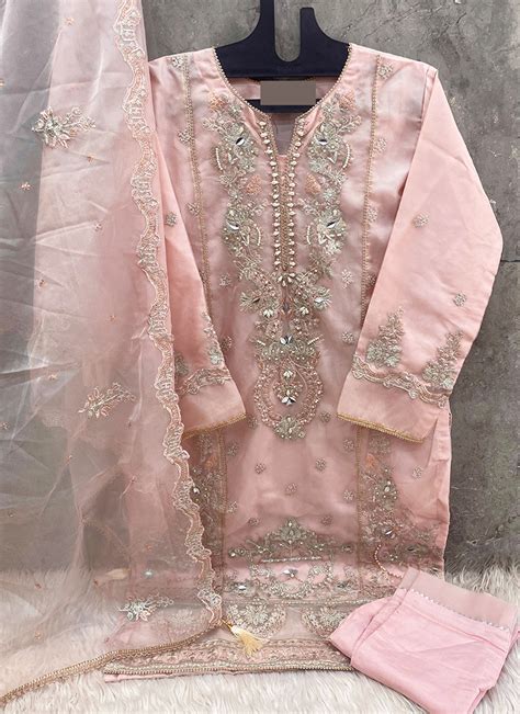 Buy Organza Pink Party Wear Embroidery Work Readymade Pakistani Suit