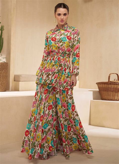 Buy Floral Printed Embroidered Mirror Multicolor Crepe Indowestern Co