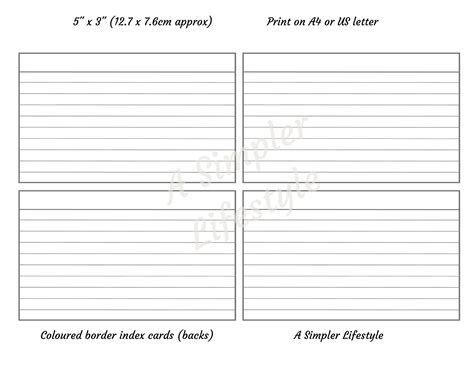 Printable Index Cards With Coloured Borders, 5"x3" Organisation Cards