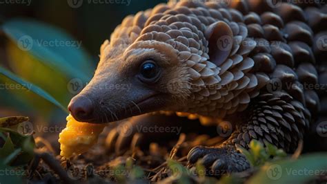 A close-up of a pangolin eating fruit in a natural setting. 55367049