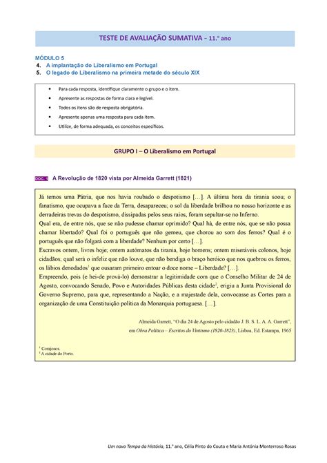 Nteha 11 teste 4 11ano MÓDULO 5 4 A implantação do Liberalismo em