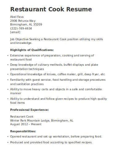 Restaurant Cook Resume Sample