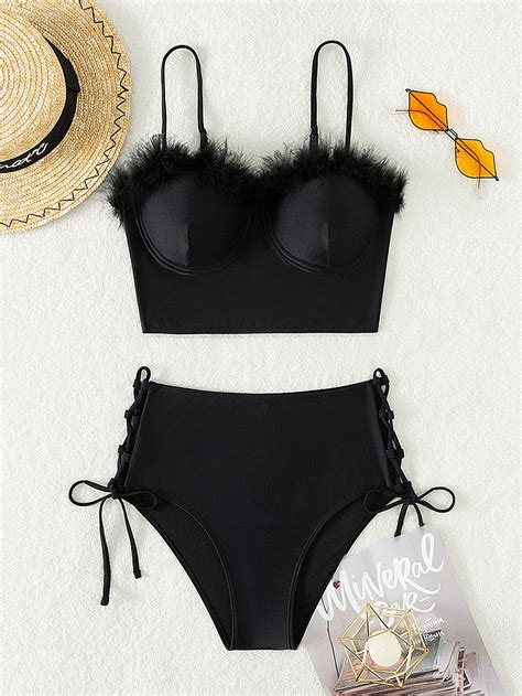 Fuzzy Trim Underwire Bikini Swimsuit Shein Usa