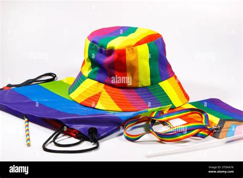 Gay Pride Hat Lanyard Bag Flag Isolated On White Studio Background