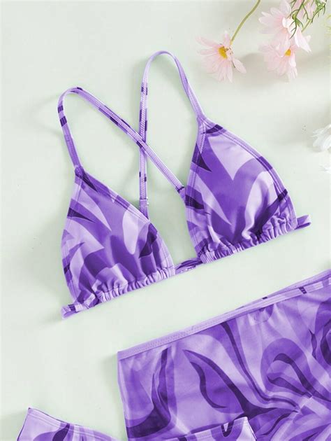 SHEIN Conjunto de Maiô Bikini Alças Triangulares e Saia de Cobertura Estampa de Ondas d