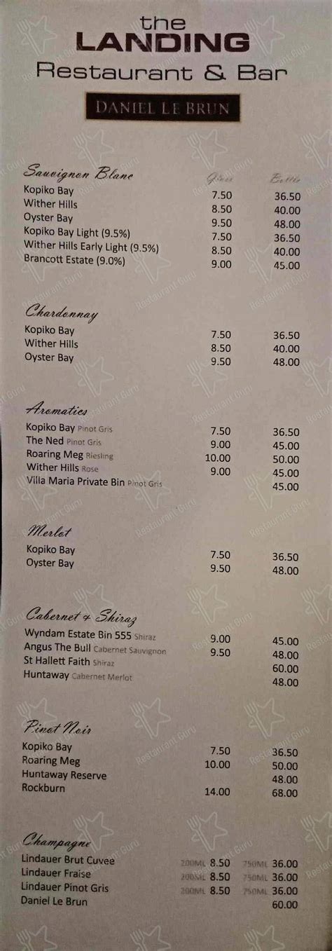 Menu At The Landing Restaurant And Bar Auckland