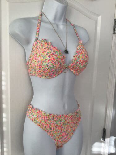 VICTORIA S SECRET 34D BIKINI Large Ruffle Neon PINK G Gem
