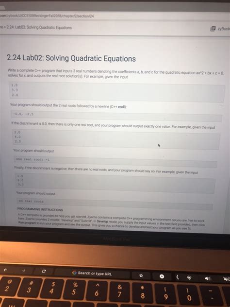 Solved E ZyBook E 224 Lab02 Soling Quadratic Equations 2 24 Chegg