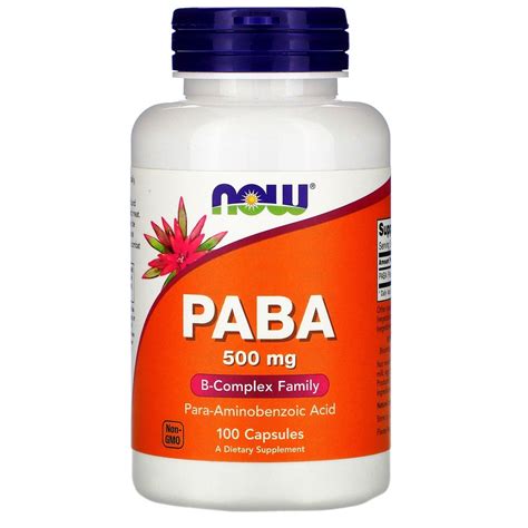 PABA, vitamín B10, 500 mg, 100 kapslí para-amino-benzoová kyselina, Now ...