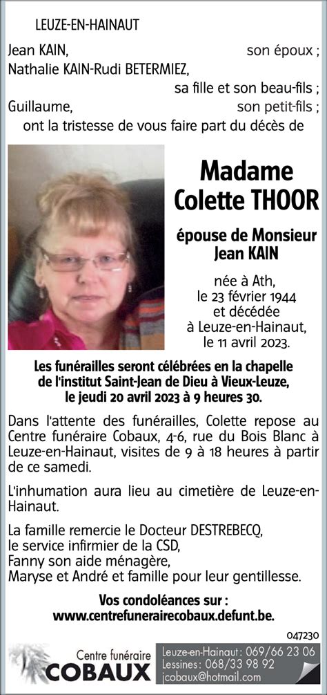 Avis De Décès De Colette Thoor Décédé Le 11042023 à Leuze En Hainaut