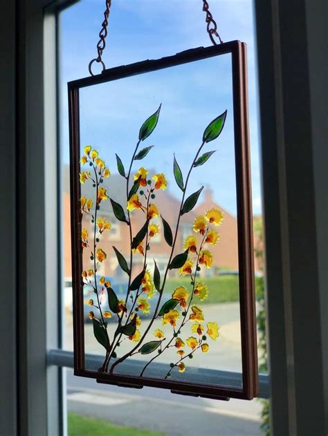 Framed Glass Painting Of Pressed Flowers Herbarium Stained Glass