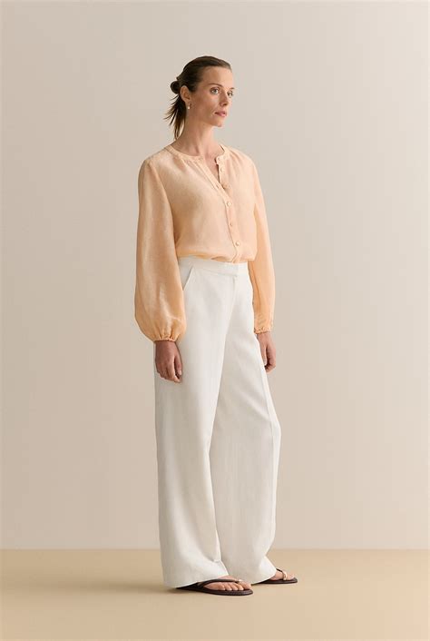 pale apricot linen silk collarless long sleeve blouse women shirts