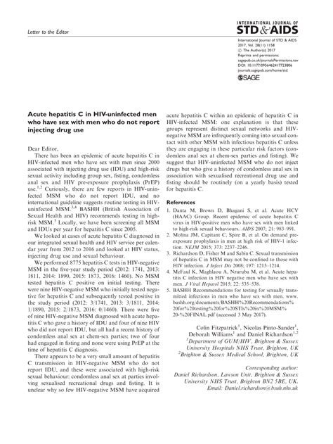 PDF Acute Hepatitis C In HIV Uninfected Men Who Have Sex With Men Who Do Not Report Injecting