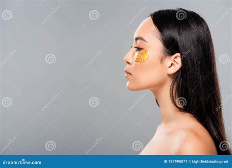 View Of Naked Asian Woman With Eye Patches On Face On Grey Stock Image Image Of Pampering