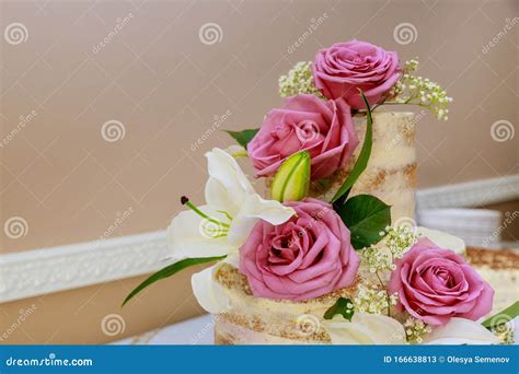 Wedding Naked Cake Decorated With Purple Roses Stock Image Image Of Beautiful Decoration