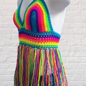 Neon Rainbow Crochet Bikini Top With Fringe Outfit For Festival Blacklight Responsive Shirt